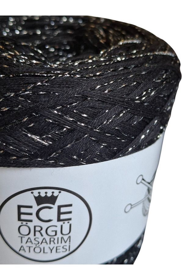 Siyah çok katlı merserize koton arasına siyah ve gümüş sim karışımı el örgü ipi (200 gr.) - 3