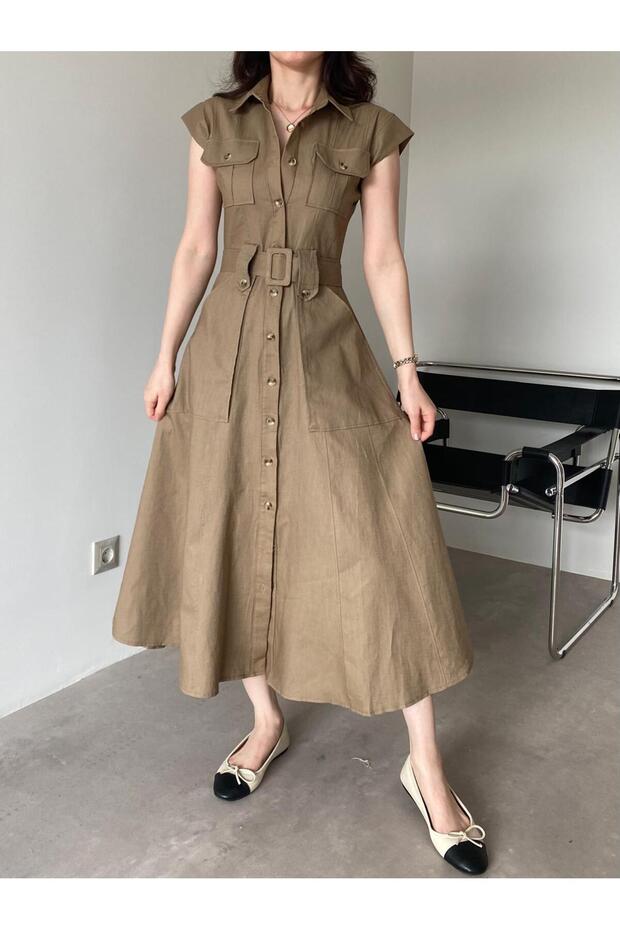 Brown Button Detailed Belted Dress