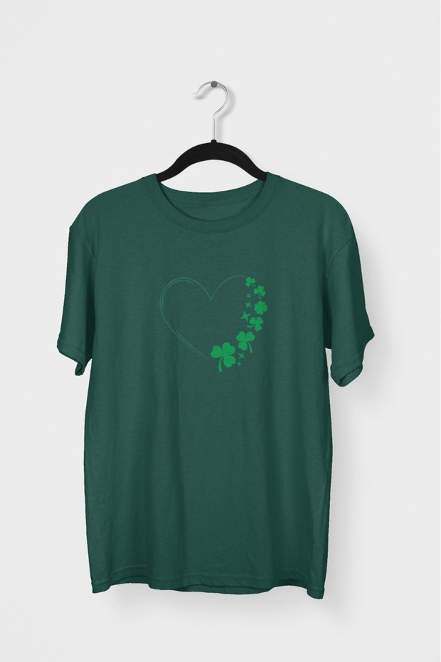 Men/Women -Clover Leaf Heart- Transfer Printed Round Neck Short Sleeve T-Shirt