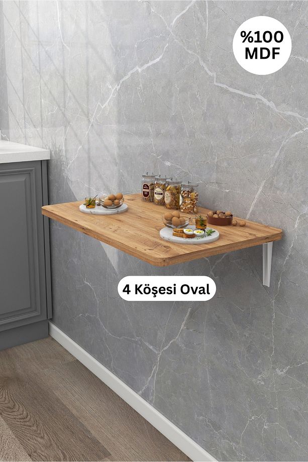 45x 72 cm Mdf Lam 4 Köşesi Oval Duvara Monte Kırma Katlanır Yemek Mutfak Masası - 4