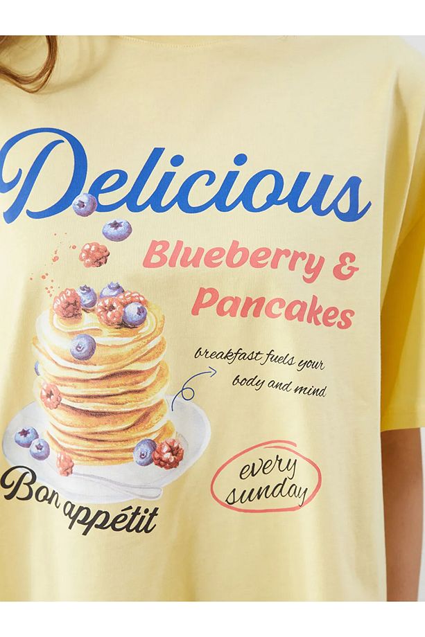 LCW Young Sari Bisiklet Yaka Baskılı Oversize Kadın Pijama Üstü - 3