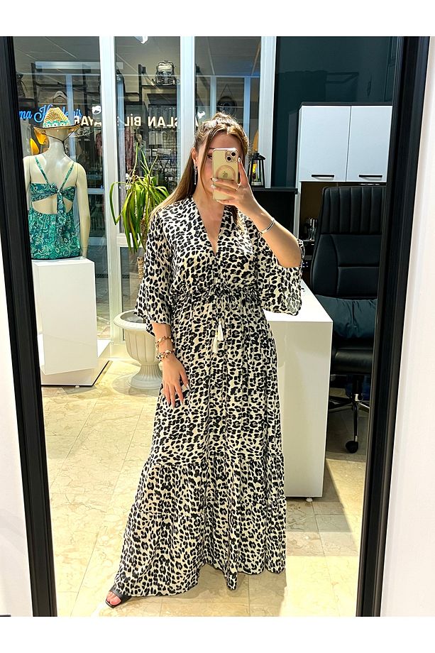 Leopar Desenli Belden Lastikli Hint İpeği Elbise - 5