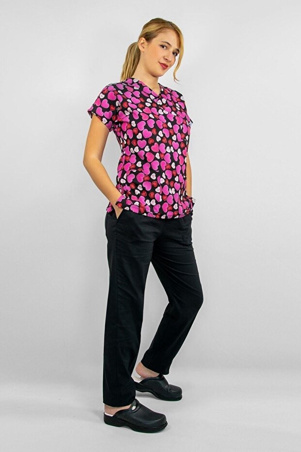 Doctor Surgical Nurse Uniform Pink Hearts Patterned Stretch Fabric Bottom and Top Set Scrubs Greys