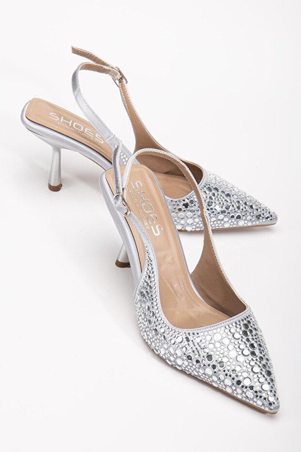 Women's Evening Dress Shoes Silver Thin Heeled Stone Slab