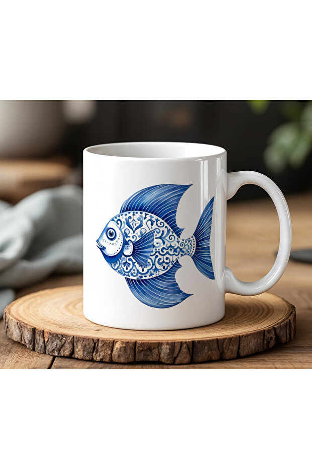 White Ceramic Printed Mug with Blue Fish Design 330ml
