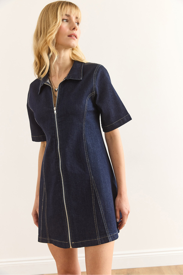 Women's Navy Blue Zippered Mini Denim Dress Elb-19002399