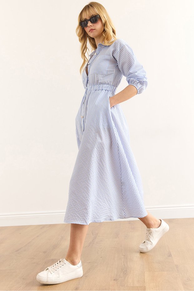 Women's Blue Maxi Shirt Dress with Elastic Waist and Pockets ELB-19002398