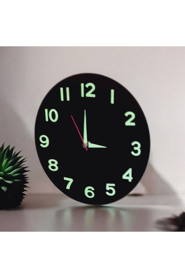 Çocuk Odası Fosforlu 3D Kabartma Rakam Ahşap Mini Siyah Duvar Saati Cam Yok Çap 22 Cm - 3