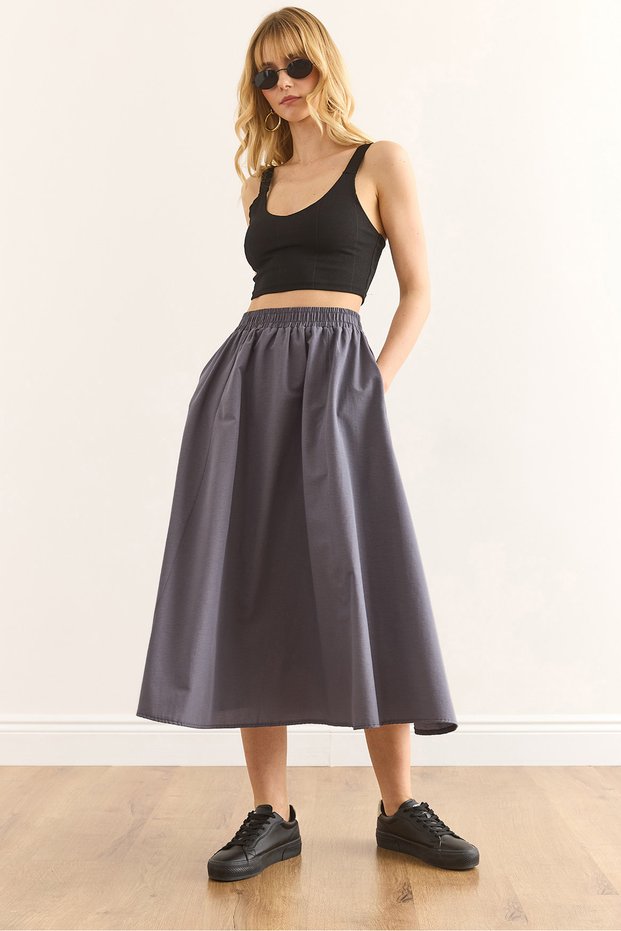 Women's Smoked Pocket Elastic Waist Midi Woven Bell Skirt Etk-19000271