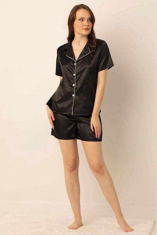 Faryanight Saten Düğmeli Gömlek Şortlu Pijama Takımı - 3