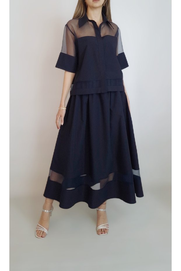 WOMEN'S NAVY BLUE ORGANZA-DETAIL KNITTED SHIRT SKIRT TWO-PIECE SET YY101226