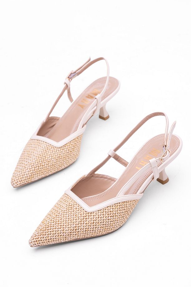 Kadın Hasır Dokulu İnce Topuklu Slingback Ayakkabı - Zarif Örgü Detaylı Yazlık Şık Topuklu Ayakkabı - 4