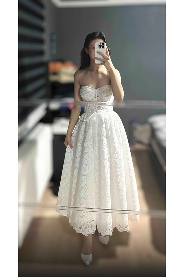 Kordoneli Dantel Midi Boy Gelinlik / Nikah Elbisesi, After Part Elbisesi - 3