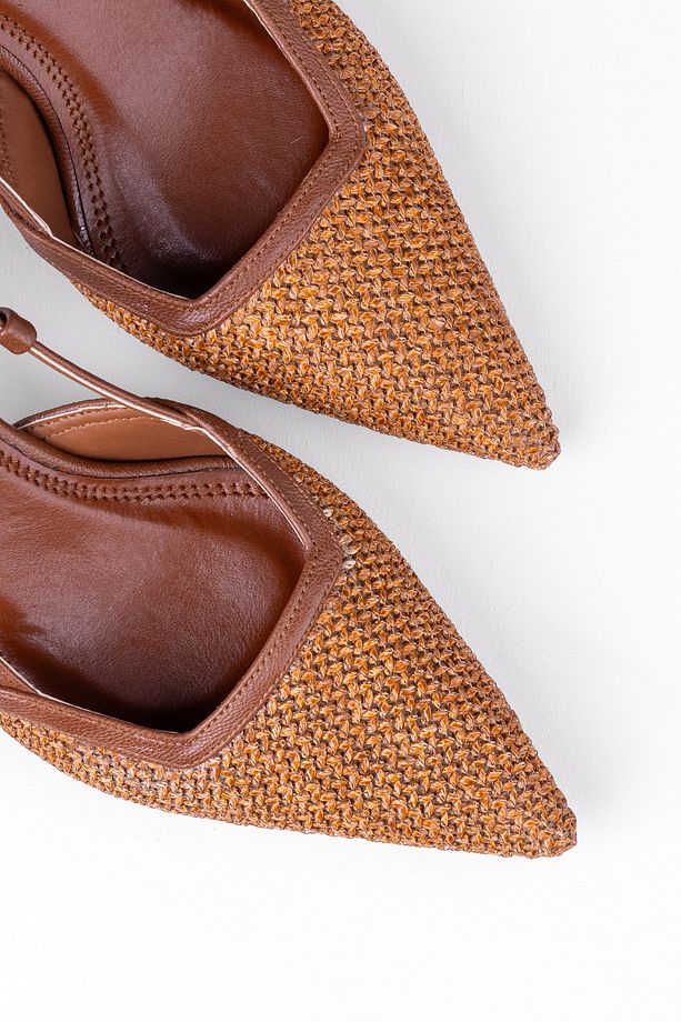 Kadın Hasır Dokulu İnce Topuklu Slingback Ayakkabı - Zarif Örgü Detaylı Yazlık Şık Topuklu Ayakkabı - 5