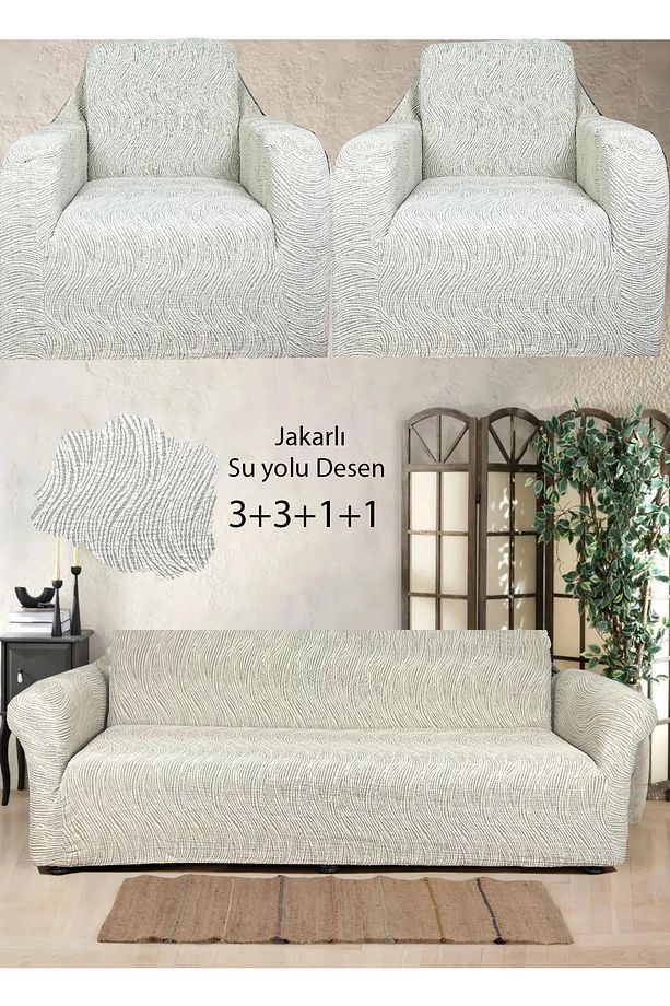 Koltuk Kanepe Örtüsü Jakarlı 3 3 1 1 Lastikli Esnek - 1