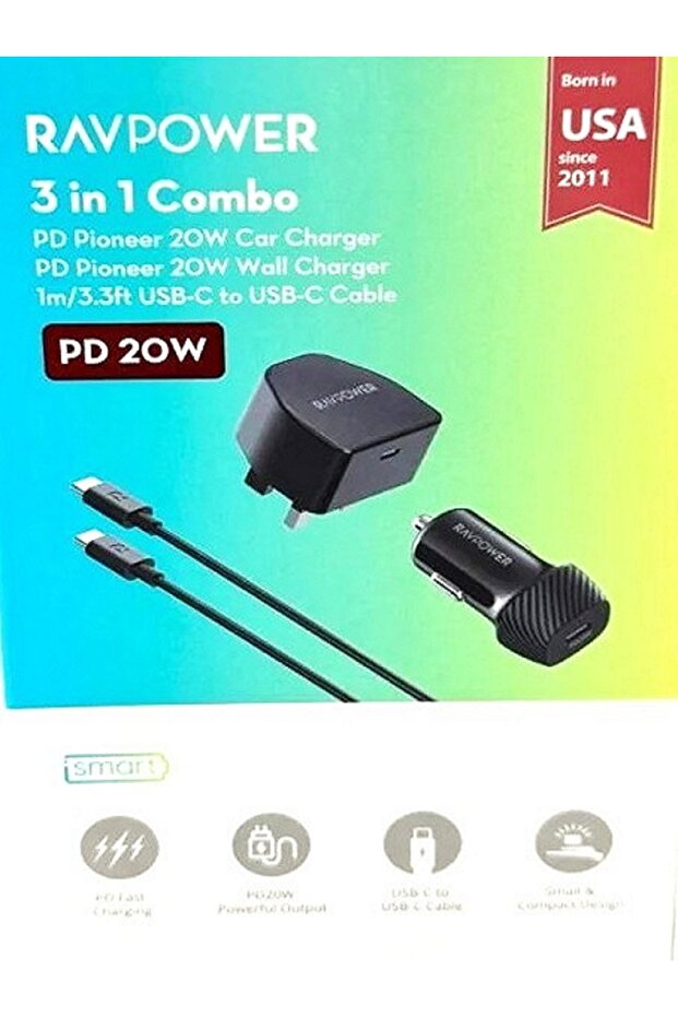 بكج 3 في 1 شاحن سيارة 20W، شاحن حائط 20W، سلك USB-C إلى USB-C