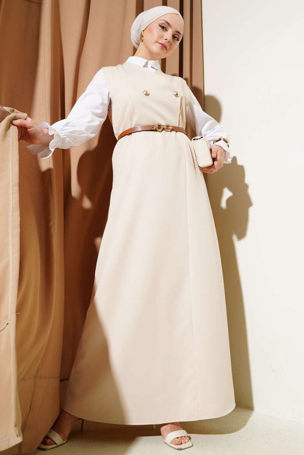 Gold Buttoned Belted Gilet Dress Beige