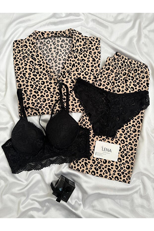 Women's Lena Leopard Lingerie Patterned Milan Short Sleeve Pajamas Set