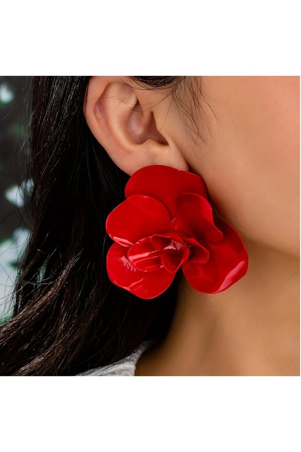 Velvet Textured Big Red Flower Women's Earrings