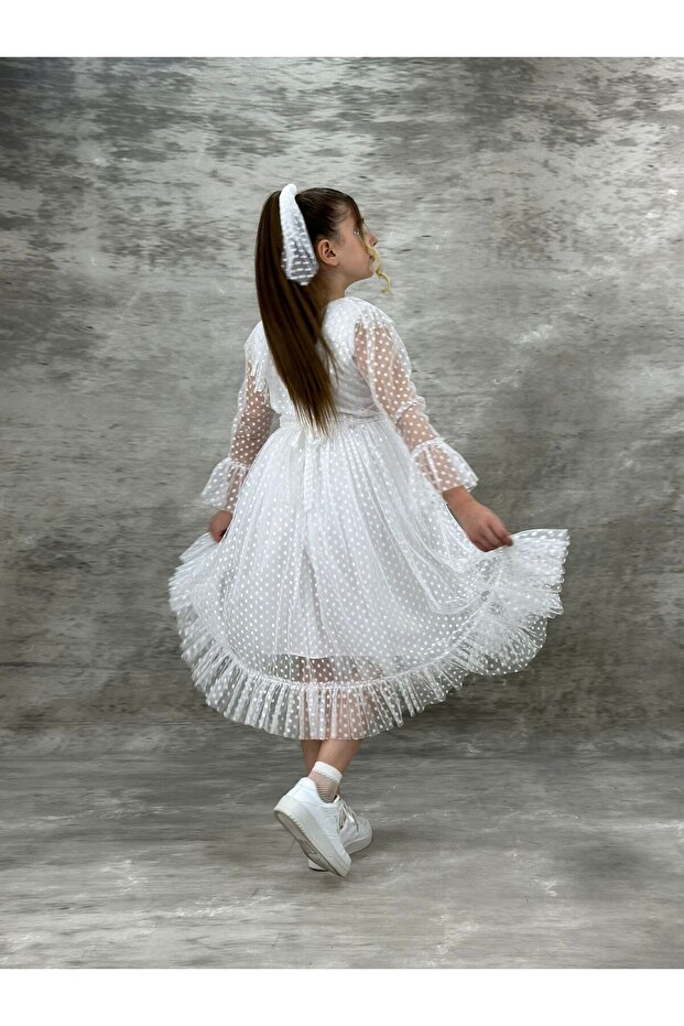 Kız Çocuk Beyaz Prenses Abiye Elbise Kabarık Tül Detaylı - 1