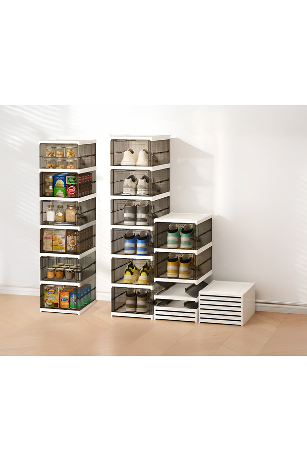 6-Level YAH Foldable Shoe Rack Organizer, No Assembly, Durable Shoe Box Cabinet, Transparent Gray
