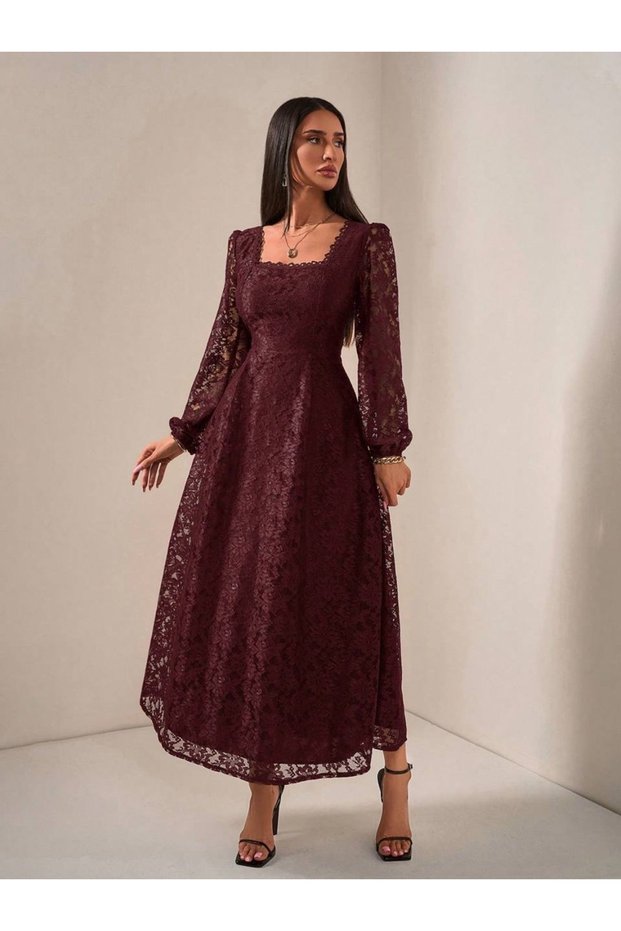 Women's Square Neck Lace Detailed Long Dress -