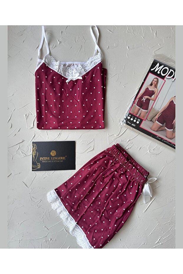 Intive Lace Detailed Soft Burgundy Polka Dot Patterned Strappy Blouse Shorts Pajama Set