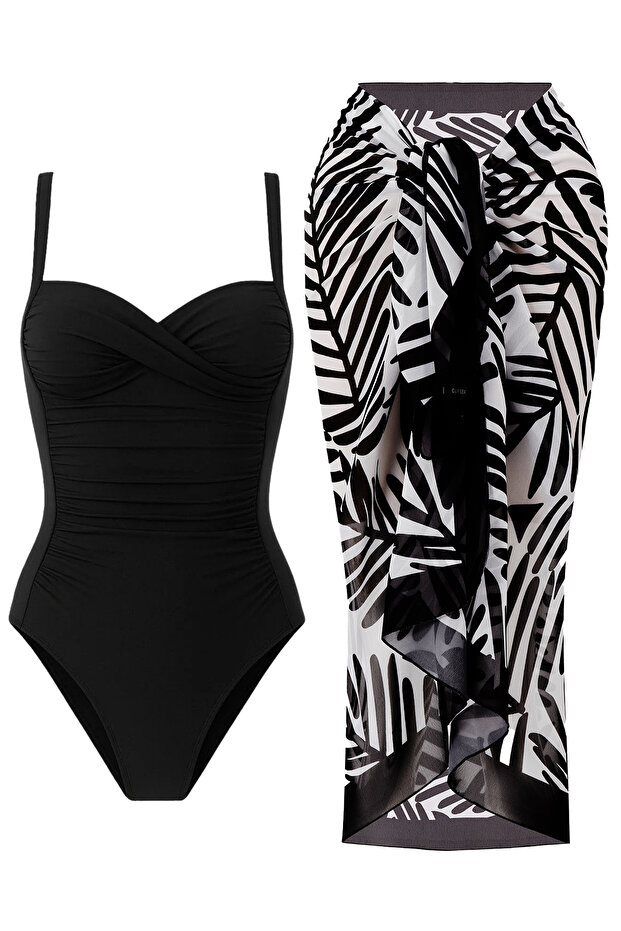 Women's Gathering Draped Swimsuit Black Leaf Pattern Pareo Set of 2 Stylish and Slimming Effect