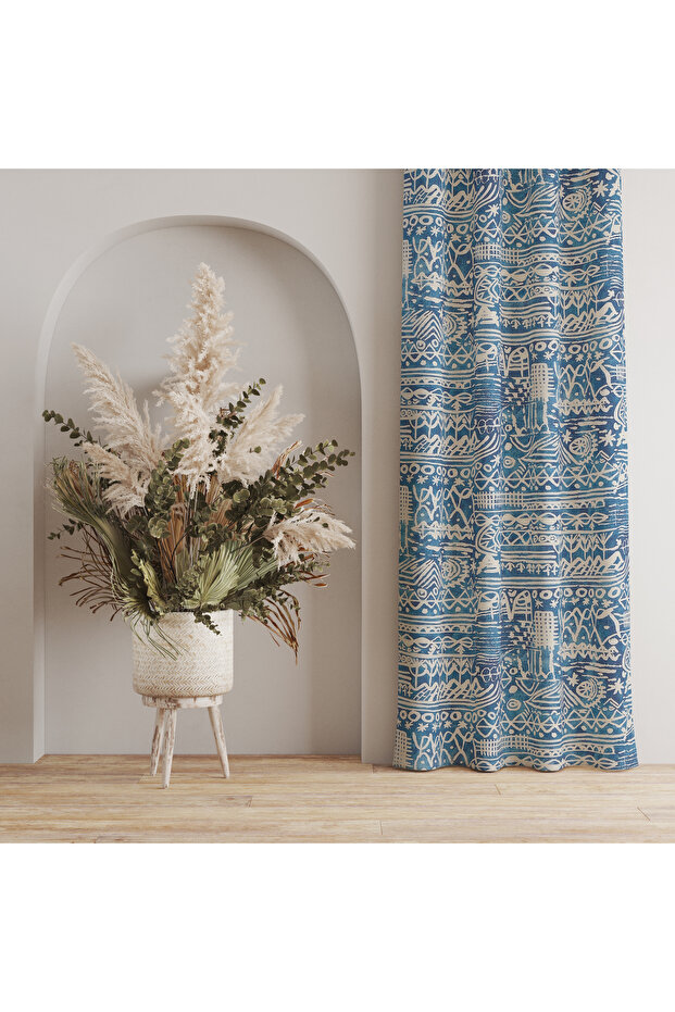 Blue & White Geometric Pattern Background Curtain – Modern and Stylish Decoration 140X260 cm Single Wing