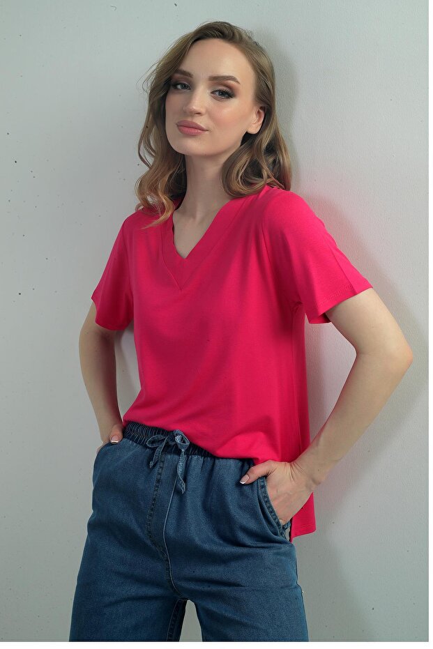 Women's V-Neck Slit Short Sleeve Blouse