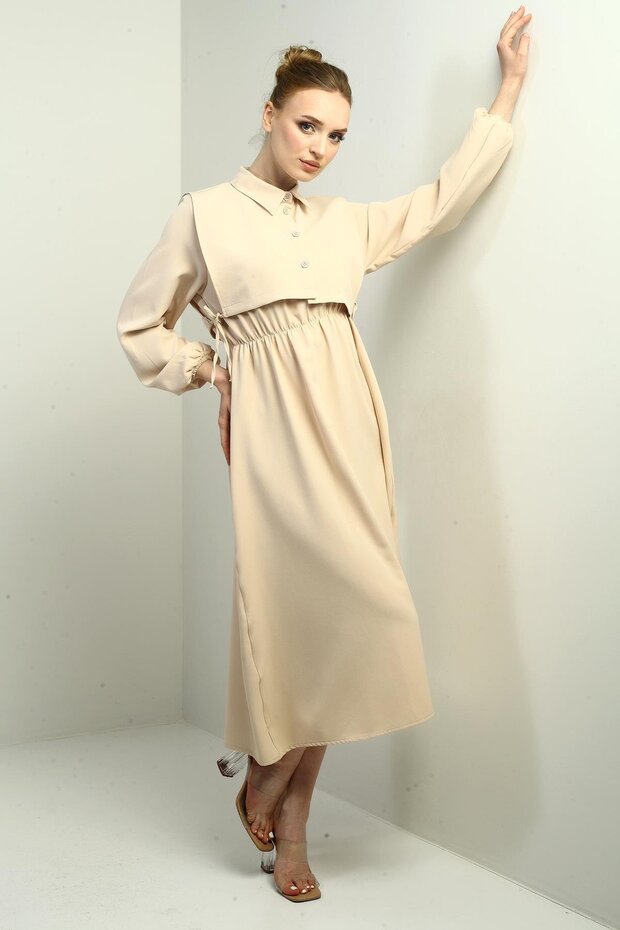Women's Buttoned Long Sleeve Midi Dress with Elastic Waist Vest