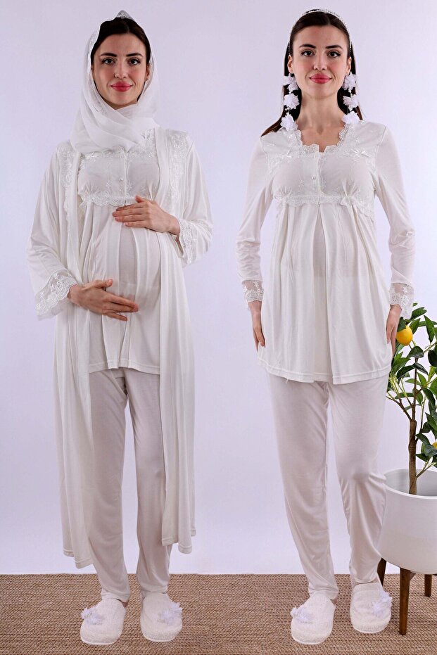 Effortt Maternity Pajama Set with Hijab and Breastfeeding Feature - Ecru