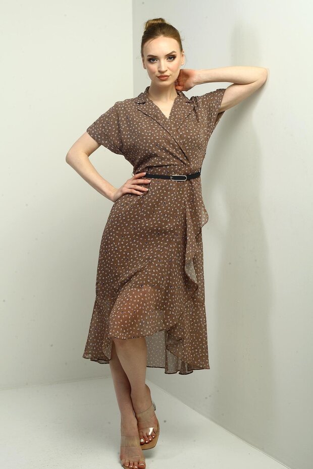 Women's Double Breasted Collar Lined Crispy Pattern Front Flounce Chiffon Dress
