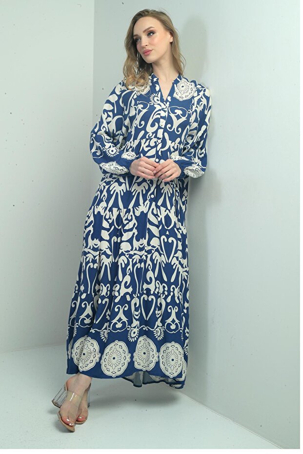 Women's Judge Collar Buttoned Front Elbow Elastic Shawl Patterned Long Hijab Dress