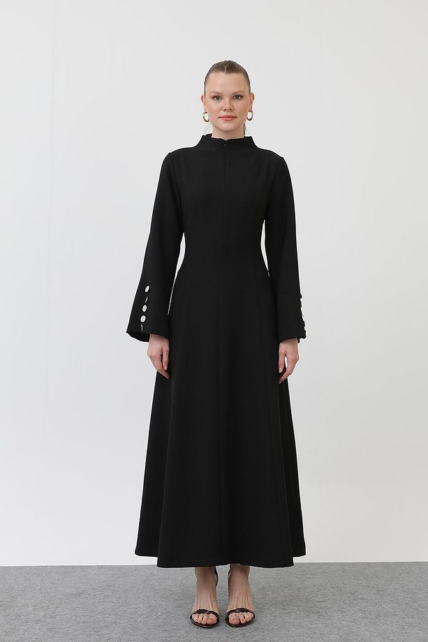 Kadın Önü Gizli Fermuarlı Ve Kolları Düğme Detaylı Elbise - 12595ELB - BLACK - 4