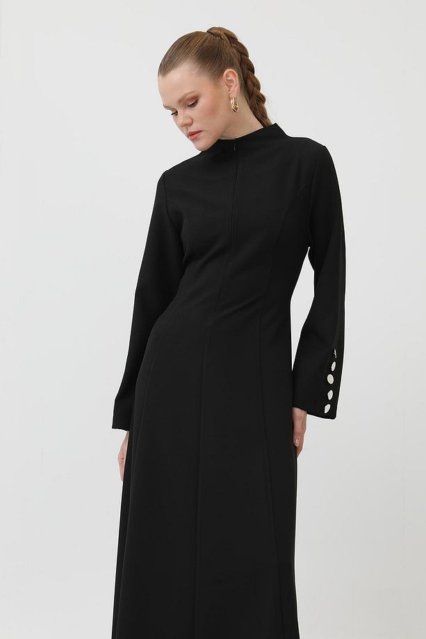 Kadın Önü Gizli Fermuarlı Ve Kolları Düğme Detaylı Elbise - 12595ELB - BLACK - 1