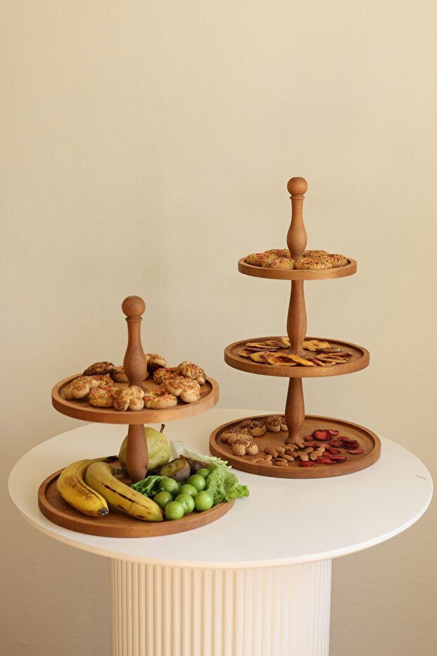 Set of 2 2-Tier Cake Stand and 3-Tier Wooden Cake Presentation Serving Plate Set