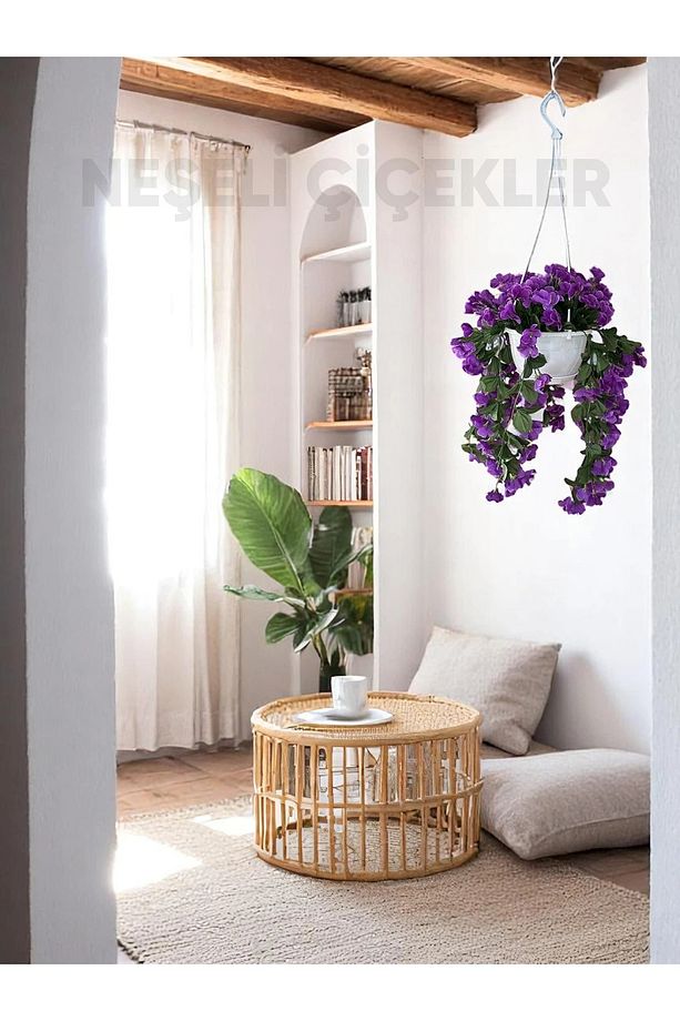 Yapay Çiçek Askılı Saksıda Balkon Çiçeği Sarkan Mor Begonvil Dekoratif Yapay Çiçek - 4