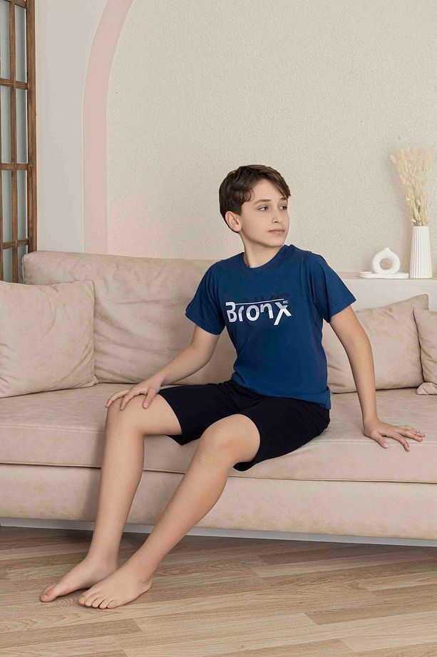 Erkek Genç VE Çocuk İndigo Mavi Kısa Kol Şort Penye Pijama Takımı - 1