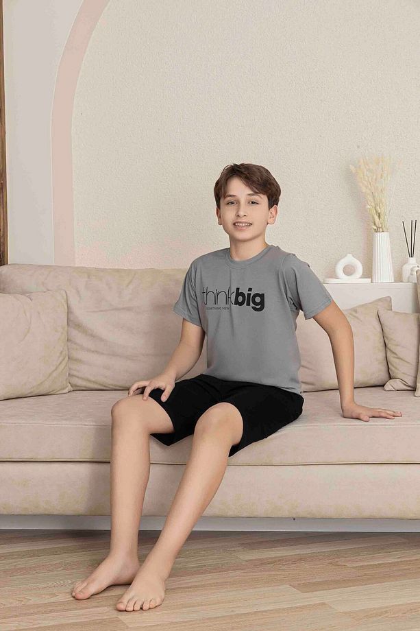 Erkek Genç VE Çocuk Koyu Gri Kısa Kol Şort Penye Pijama Takımı - 1