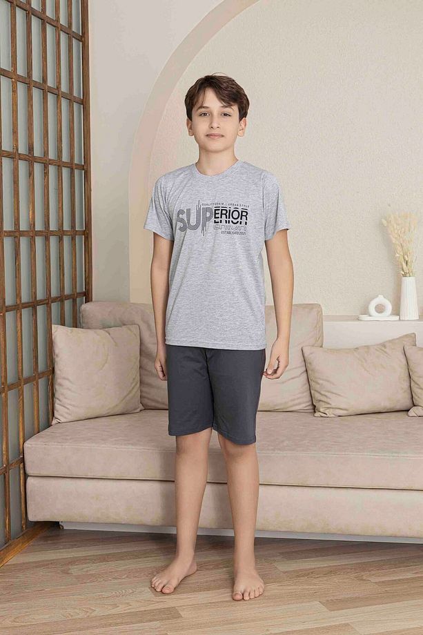 Erkek Genç VE Çocuk Gri Kısa Kol Şort Penye Pijama Takımı - 2