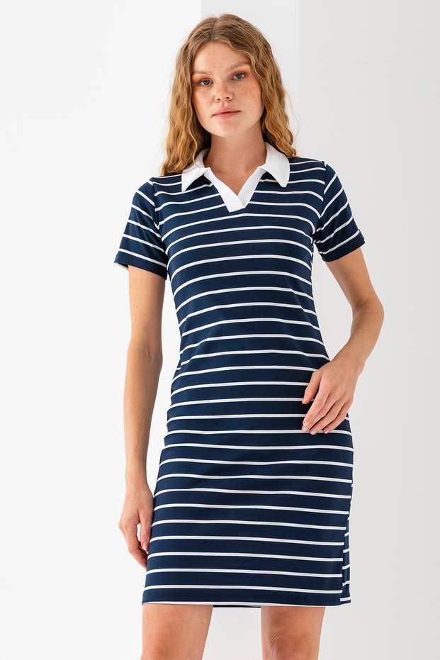 Women's Polo Neck Short Sleeve Striped Dress Navy Blue White - 25538