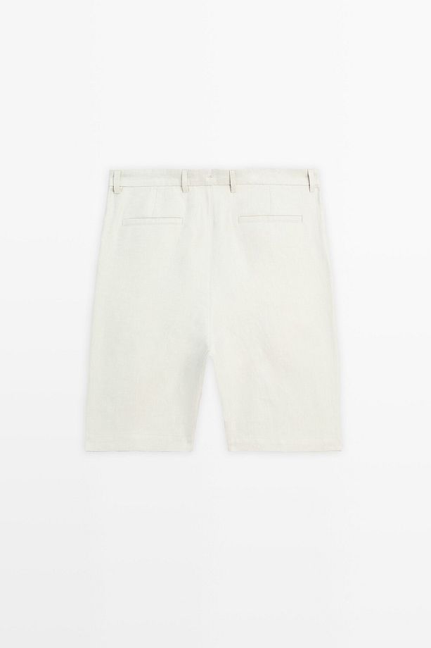 %100 Keten Pensli Bermuda Şort - 4