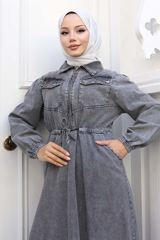 Beli Bağcıklı Cepli Kot Elbise Gri 6116 - 3