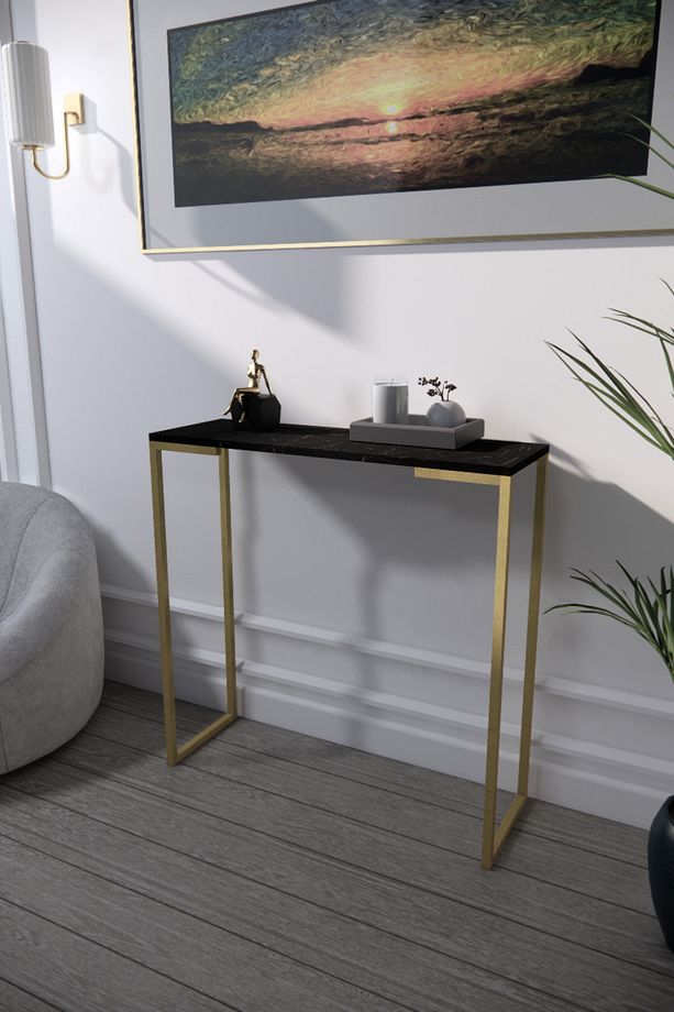 Astra Dresuar Dekoratif Raflı Konsol Gold Metal Dresuar Siyah Mermer Desen 23-26 - 1