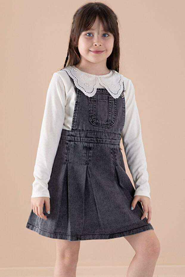 Girl's 2 Piece Set with Black Jean Salopet and Lace Badu