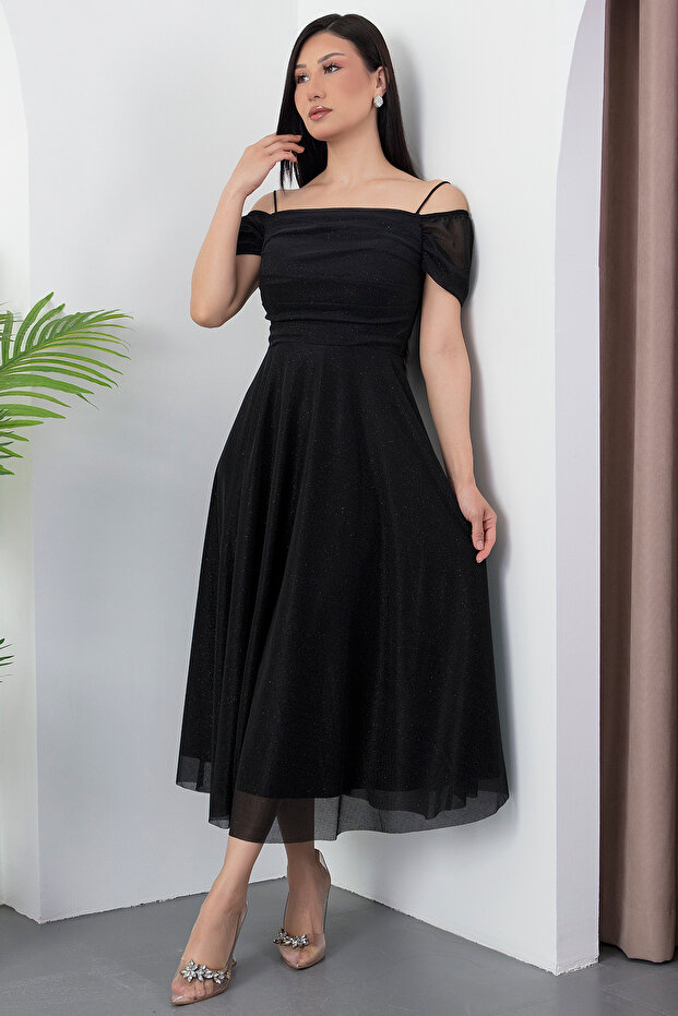 Kare Yaka Askılı Simli Tül Elbise 39976 - 5