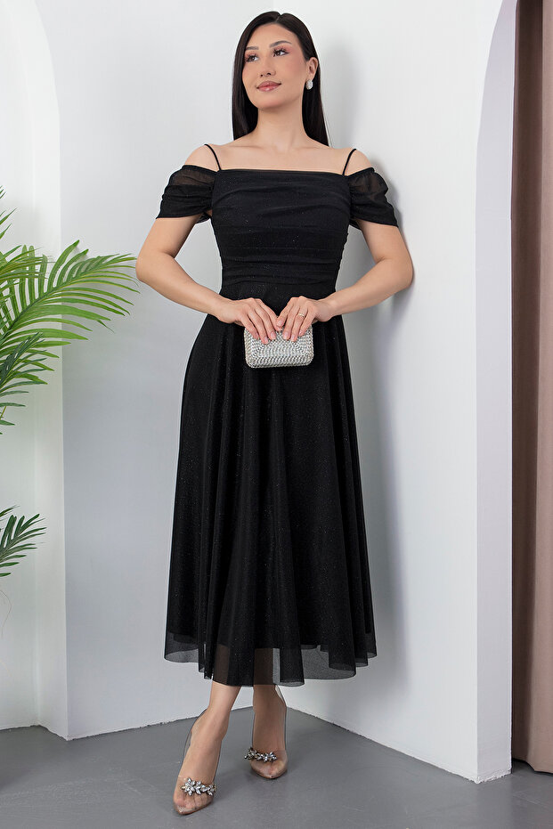 Kare Yaka Askılı Simli Tül Elbise 39976 - 2