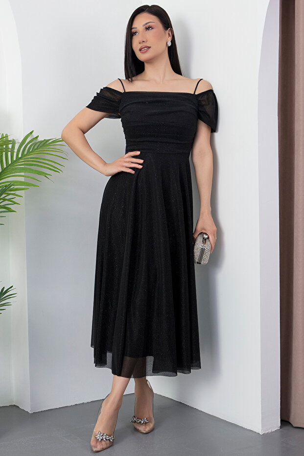 Kare Yaka Askılı Simli Tül Elbise 39976 - 3