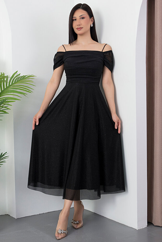 Kare Yaka Askılı Simli Tül Elbise 39976 - 4